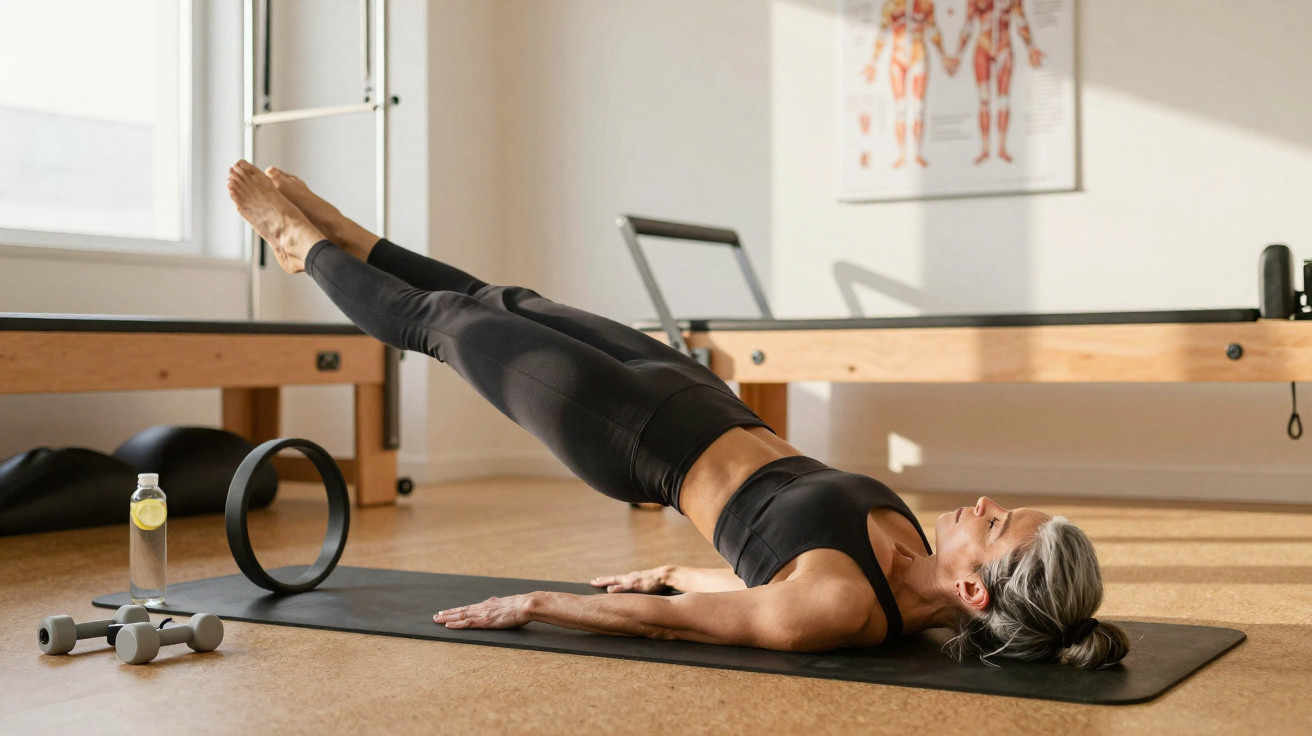 Mulher praticando pilates deitada, elevando pernas esticadas em estúdio com equipamentos ao fundo.