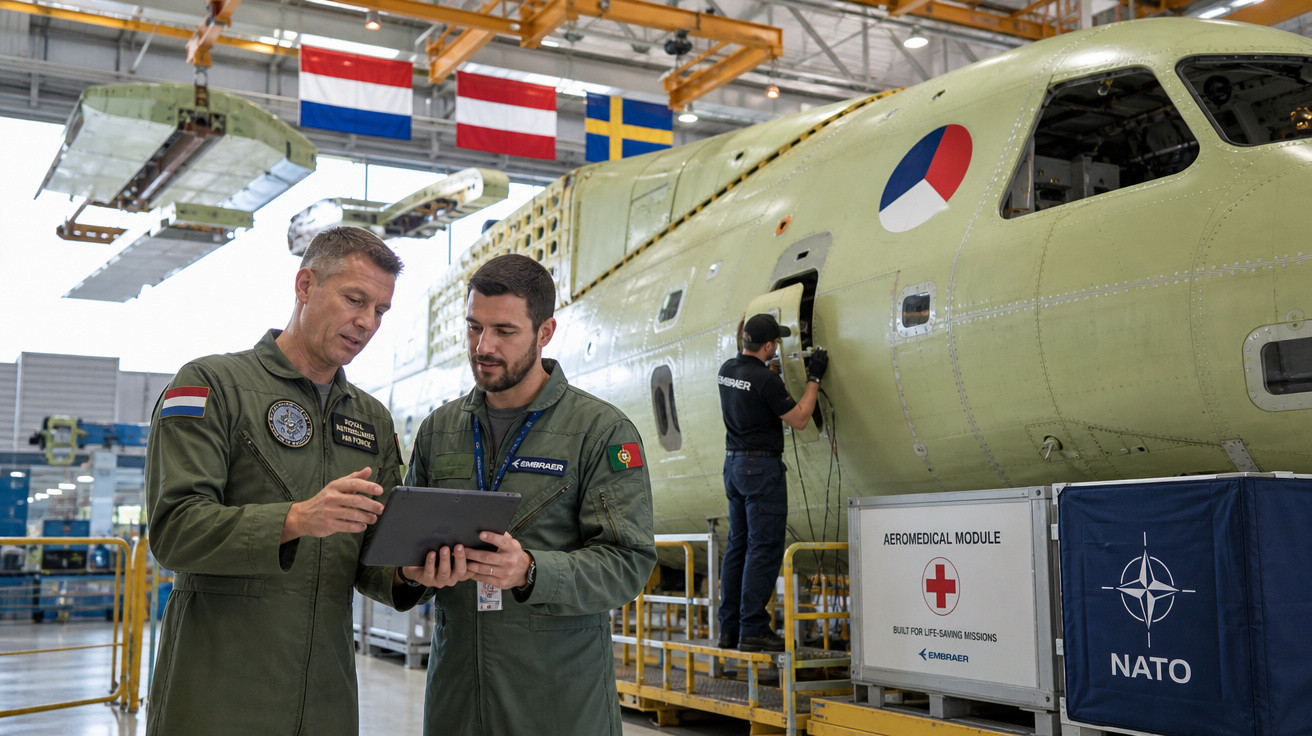 Dois homens em uniforme militar analisam tablet ao lado de aeronave em montagem com símbolos da OTAN e módulo aeromédico.