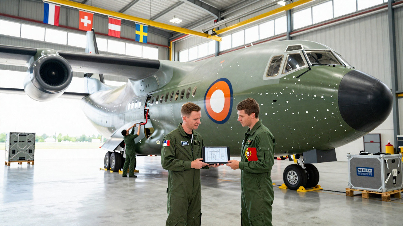 Dois militares conversam em hangar ao lado de avião militar estacionado, com bandeiras europeias no alto.