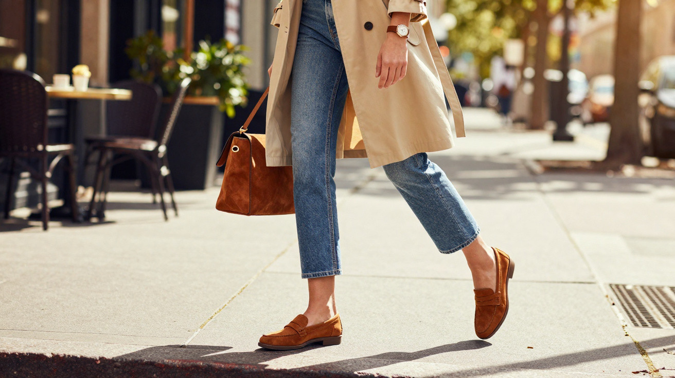 Pessoa com trench coat bege, jeans azuis e mocassim marrom caminhando na calçada de rua urbana.
