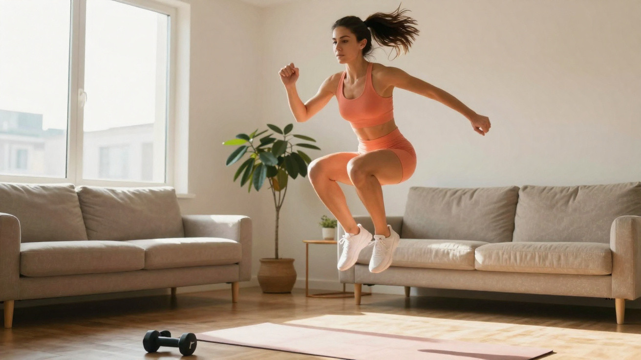 Mulher fazendo exercício de salto no cômodo iluminado com sofá, planta e haltere no chão.