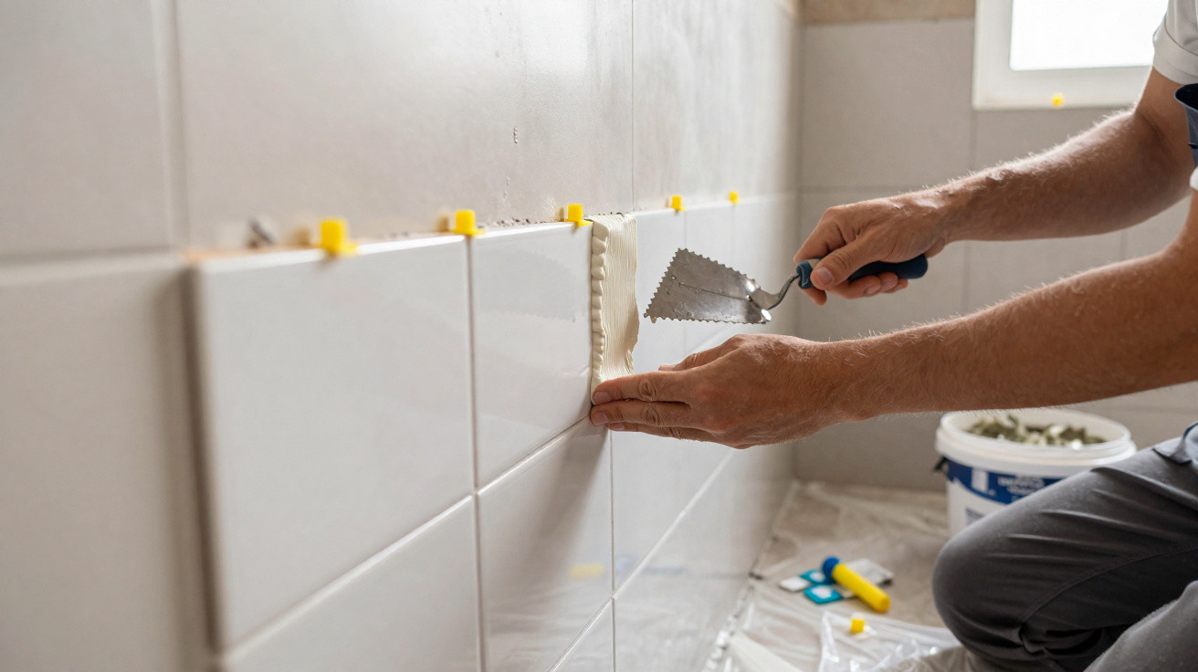 Pessoa aplicando rejunte branco em azulejos de parede com espátula dentada em ambiente interno.