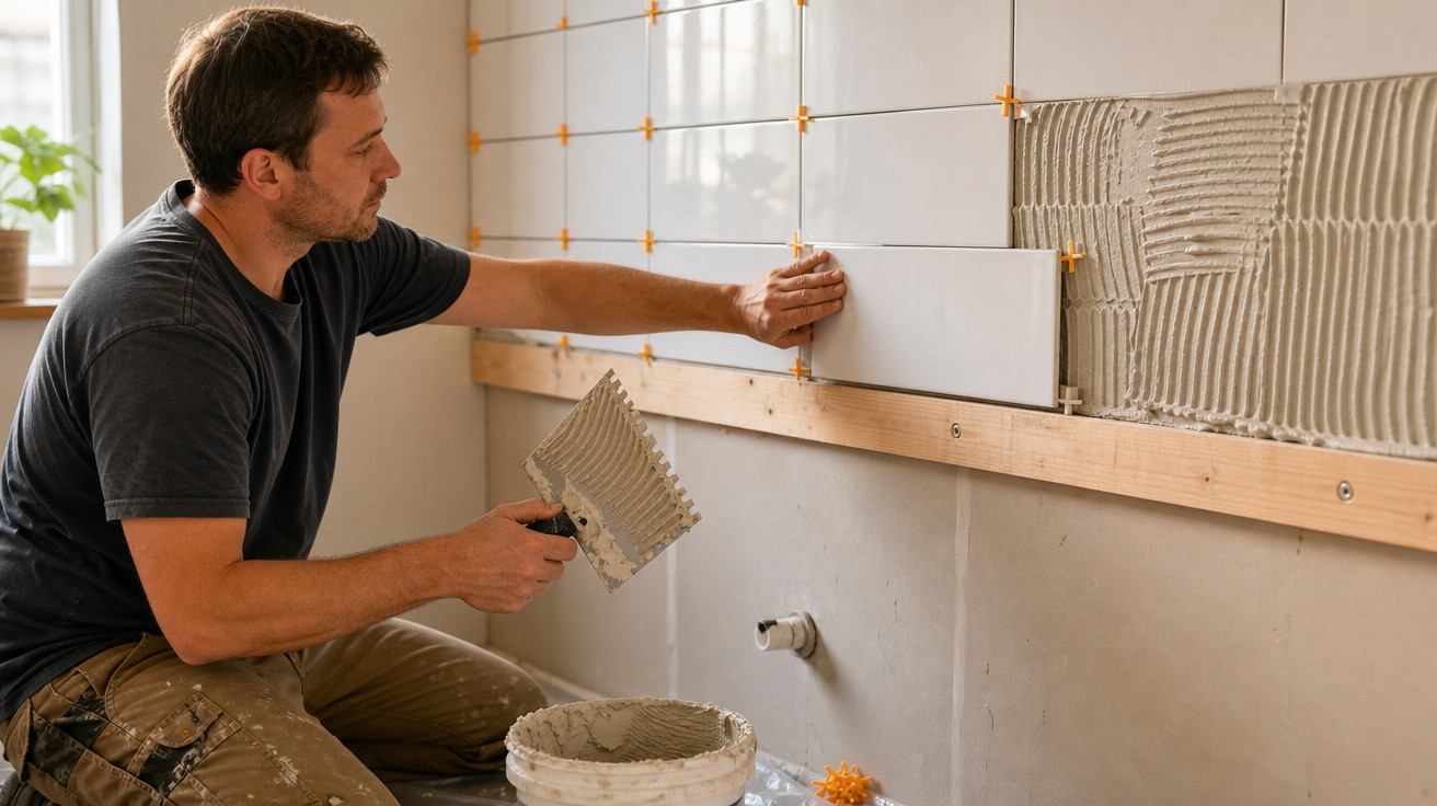 Homem instalando azulejos brancos em parede de banheiro com espátula e argamassa.