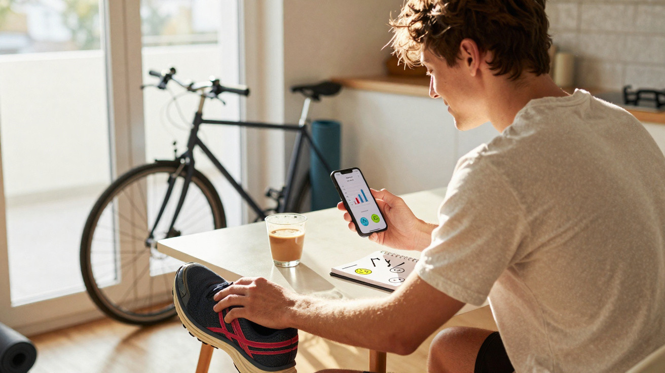Jovem sentado em casa, olhando smartphone com gráficos, tênis ao lado e bicicleta ao fundo.