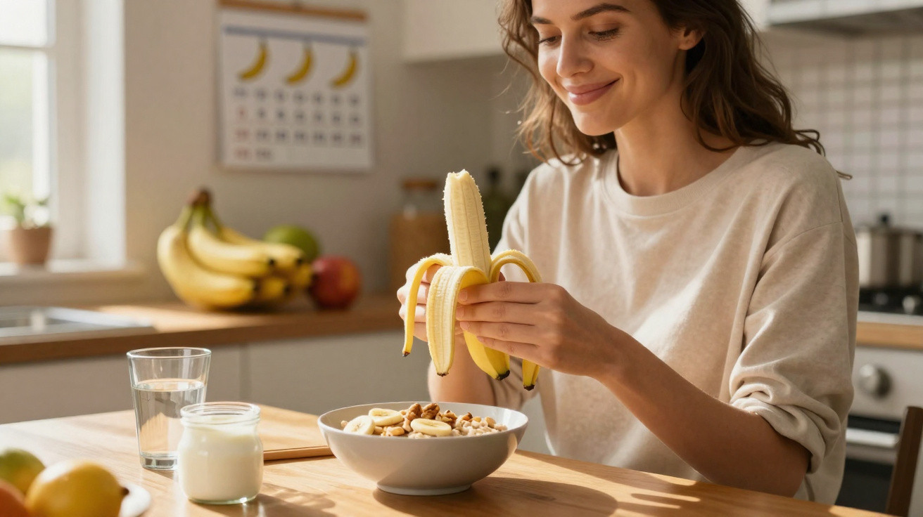 Mulher sorrindo descascando uma banana para colocar em bowl de cereais na cozinha iluminada.