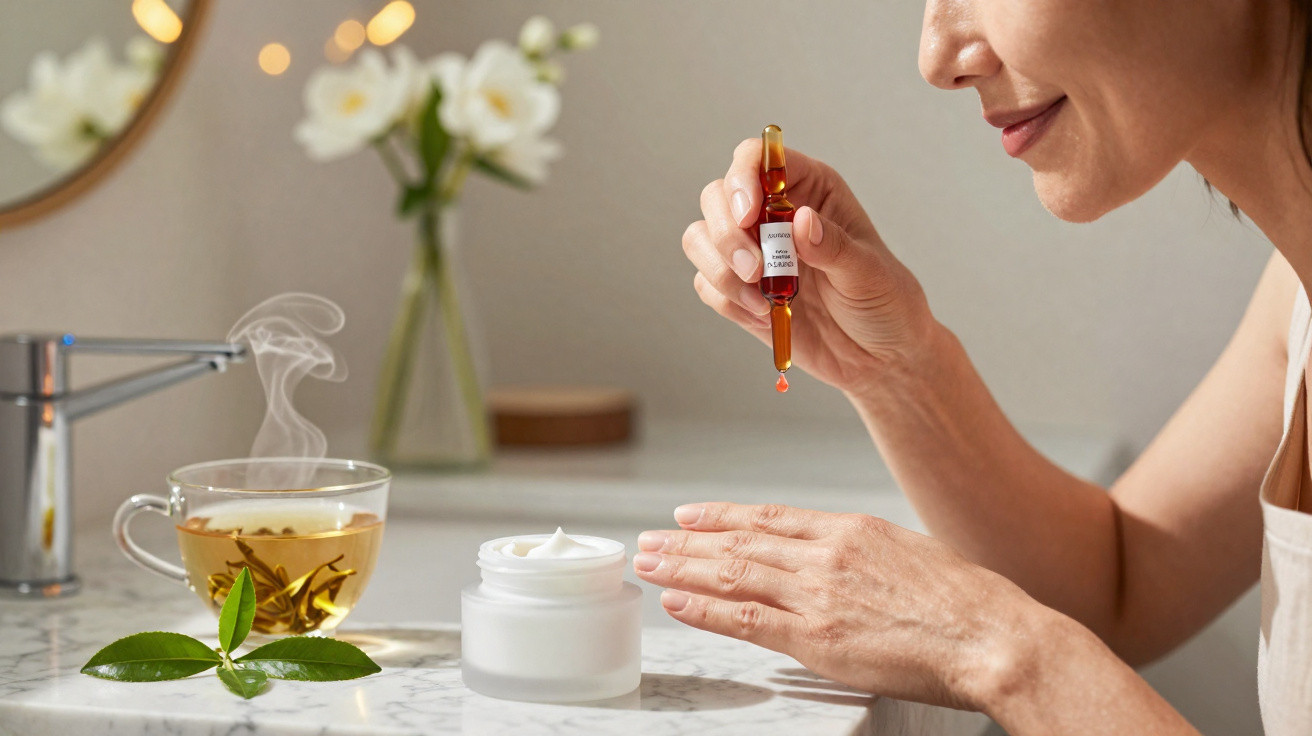Mulher aplicando sérum com conta-gotas nas mãos, chá quente e flores ao fundo em bancada.