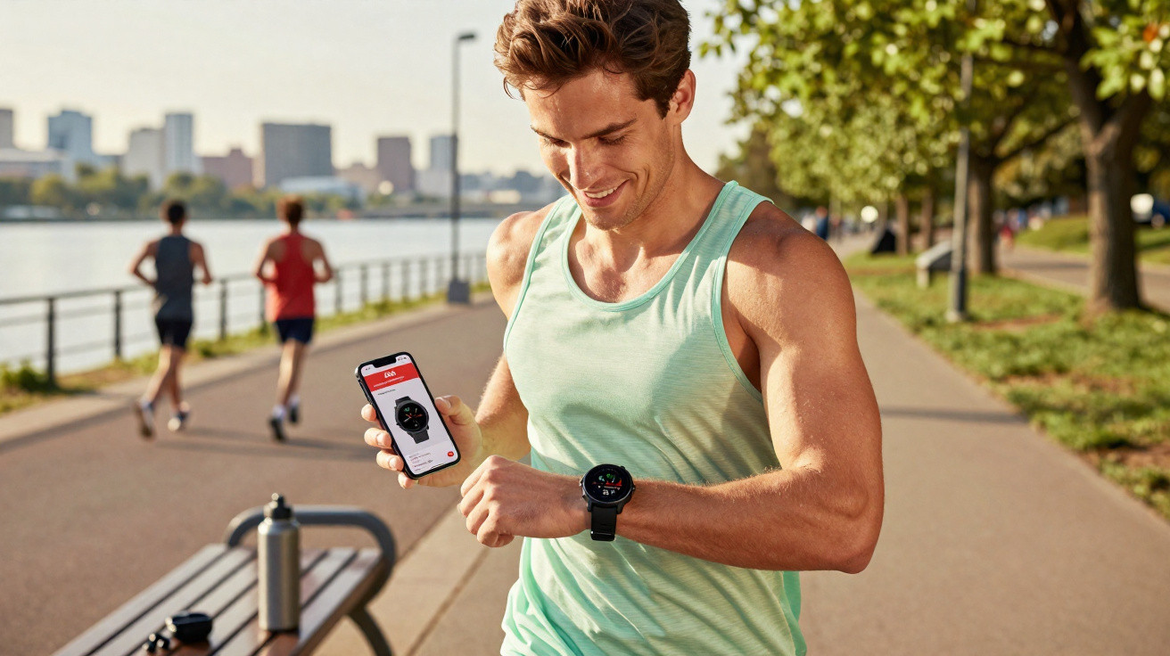 Homem usando regata verde checa smartwatch e app de corrida em smartphone durante exercício ao ar livre.