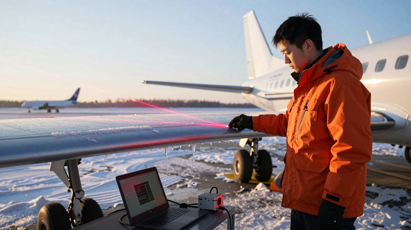 Homem em jaqueta laranja usando scanner a laser na asa de avião em área coberta de neve.