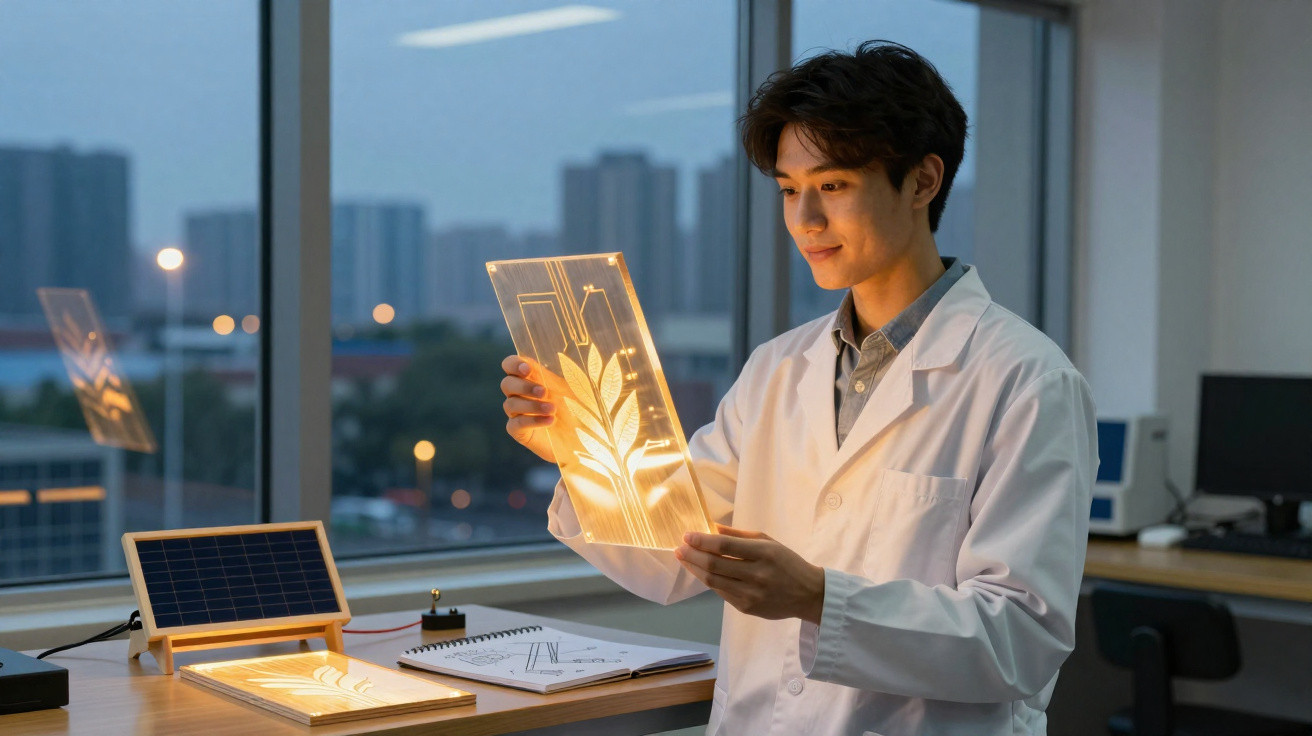 Jovem cientista em laboratório segurando painel iluminado com desenho de planta, ao lado de célula solar.