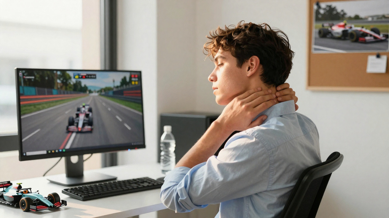 Jovem sentado em frente ao computador jogando corrida de Fórmula 1, massageando o pescoço com expressão cansada.
