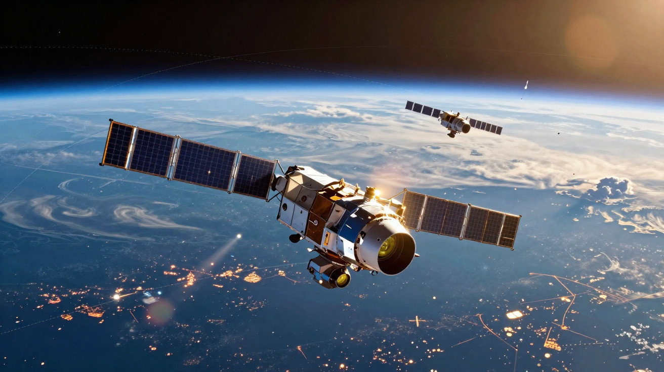 Satélites artificiais orbitando a Terra com painéis solares e luzes urbanas visíveis abaixo na atmosfera.
