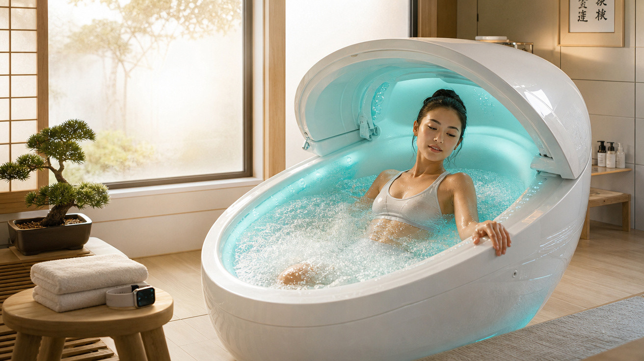 Mulher relaxando em cápsula de terapia de flutuação em ambiente zen e iluminado naturalmente.