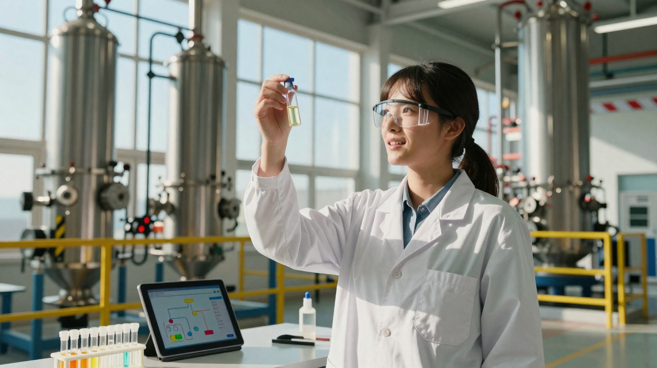 Cientista em laboratório industrial segurando frasco com líquido e analisando experimento.