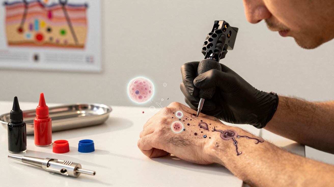 Pessoa tatuando desenho de células no dorso da mão com máquina de tatuagem preta e luvas pretas.