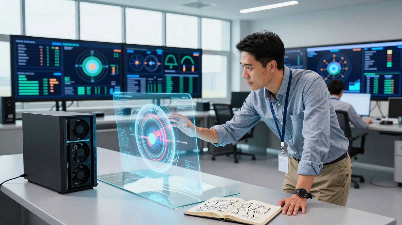 Homem interagindo com tela holográfica em laboratório moderno com computadores e gráficos digitais na parede.