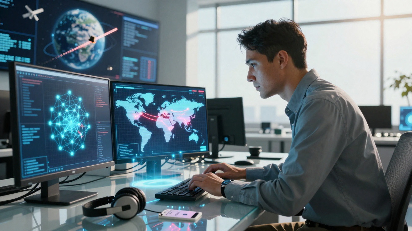Homem trabalhando em computador com mapas e gráficos digitais em escritório moderno.