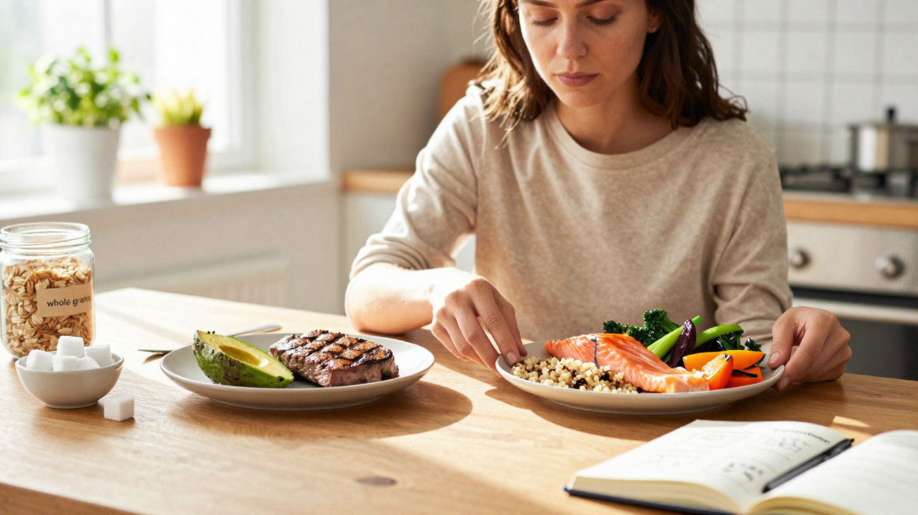 Mulher sentada à mesa com pratos de salmão, legumes, abacate e carne, com caderno aberto à frente.