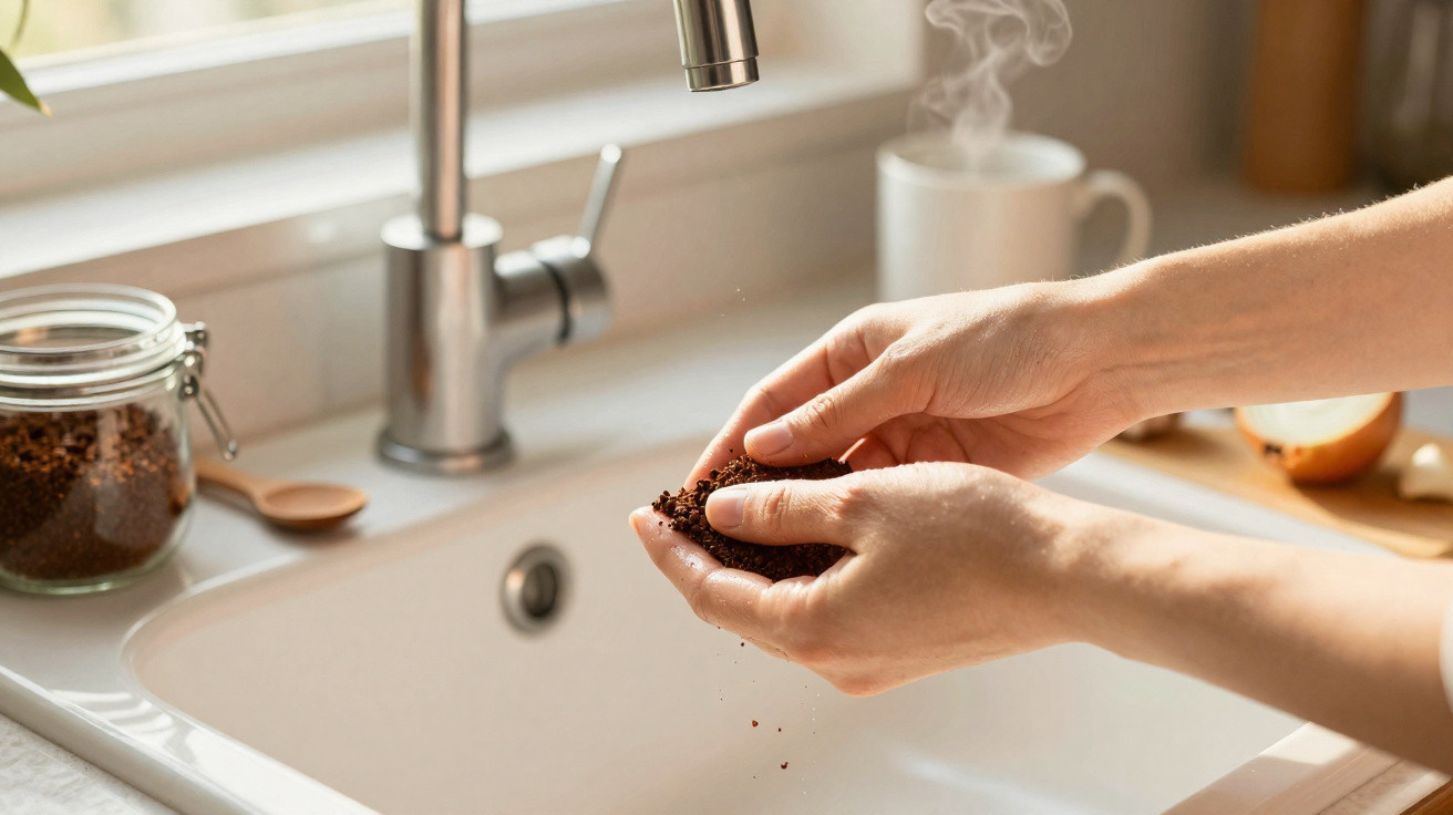 Mãos segurando pó de café acima da pia da cozinha com jarra de café e xícara com vapor ao fundo.