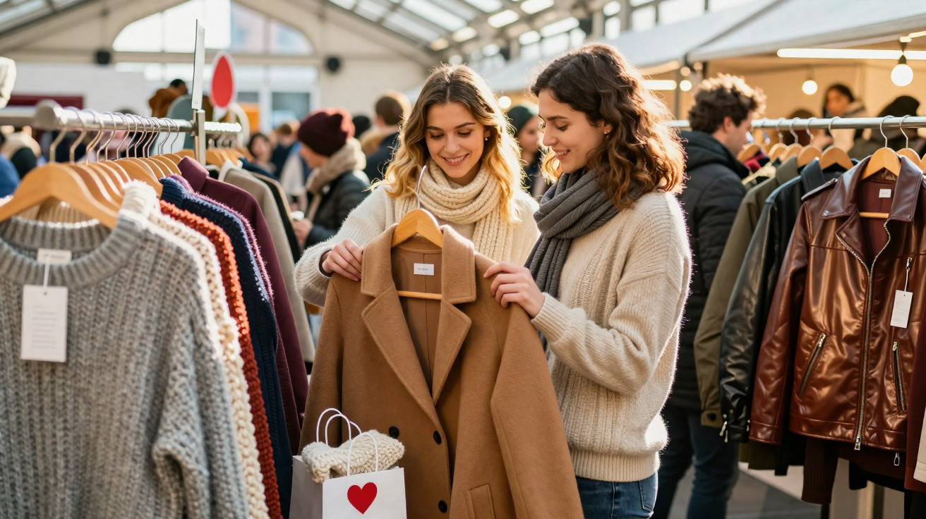 Duas mulheres sorrindo escolhendo casaco bege em loja de roupas com outras pessoas ao fundo.