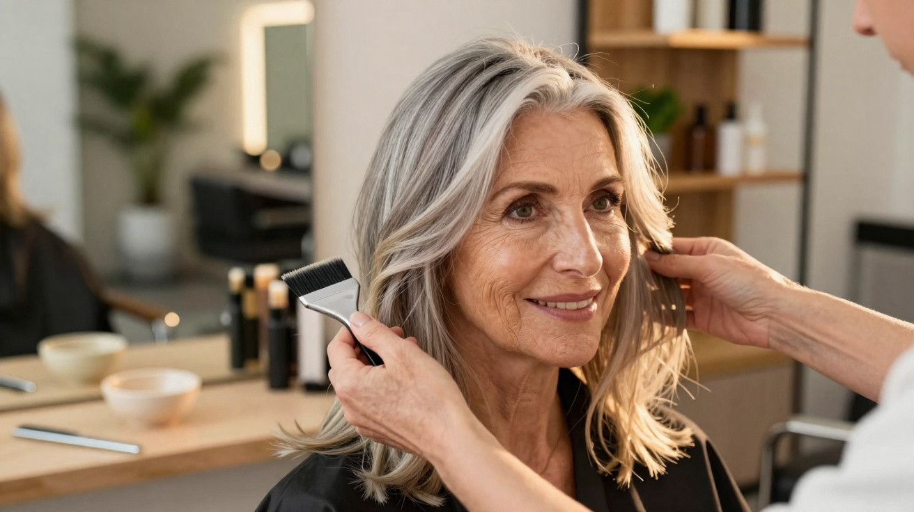 Idosa sorrindo enquanto profissional ajusta seu cabelo em salão de beleza.