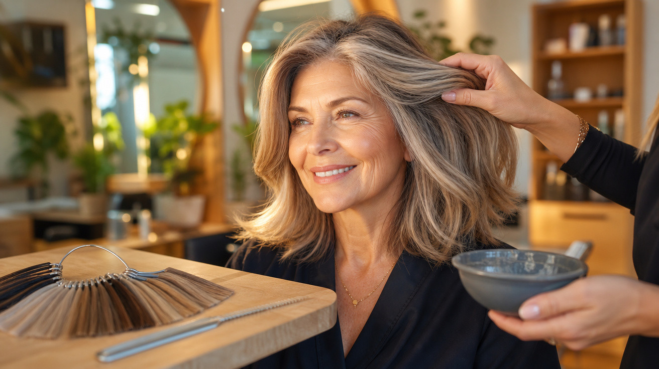 Mulher sorridente com cabelo grisalho sendo cuidada em salão de beleza, ambiente iluminado e acolhedor.