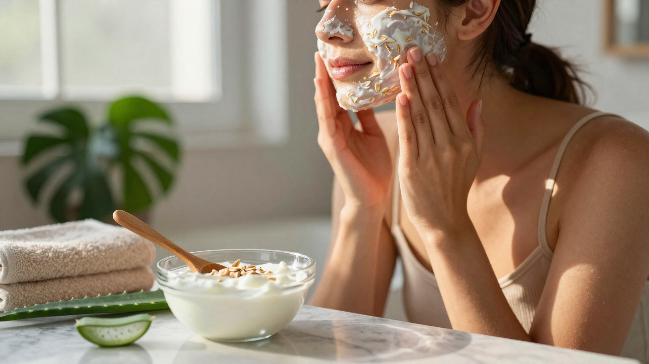 Mulher aplicando máscara facial caseira com iogurte e aveia, ao lado de toalhas e aloe vera.
