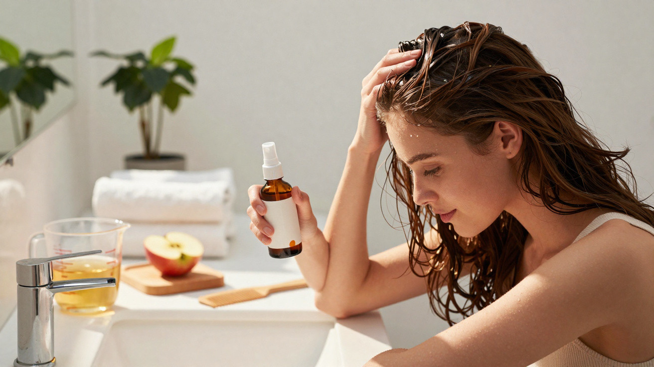 Mulher aplicando produto capilar com spray no cabelo molhado em banheiro claro e organizado.