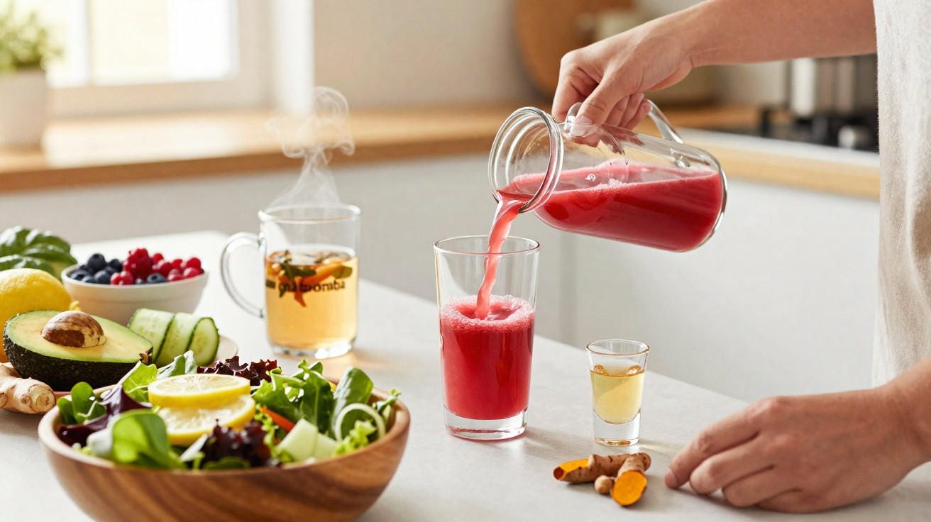 Pessoa despejando suco vermelho em copo sobre bancada com salada, frutas, chá e temperos.