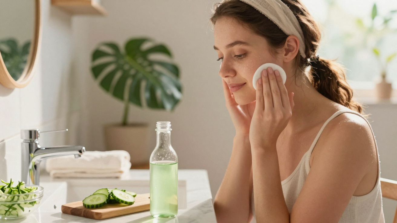 Mulher aplicando tônico facial com algodão em ambiente claro com plantas e pepino fatiado na bancada.