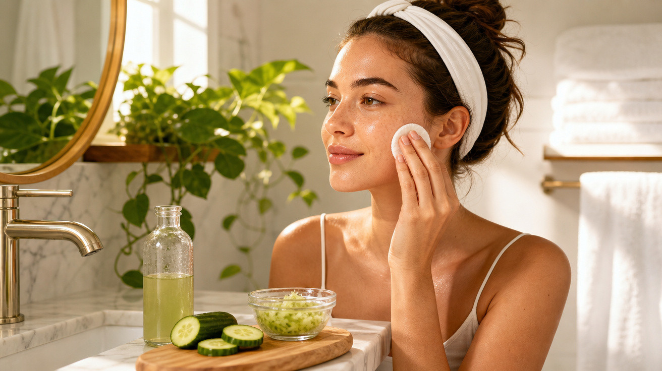 Mulher aplicando tônico facial com algodão em banheiro iluminado com planta e pepino ao lado.