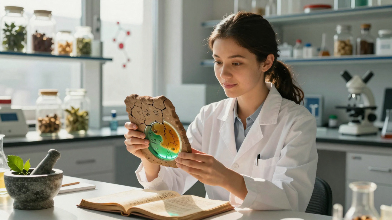 Jovem cientista em laboratório analisando modelo do intestino enquanto estuda livro aberto na mesa.