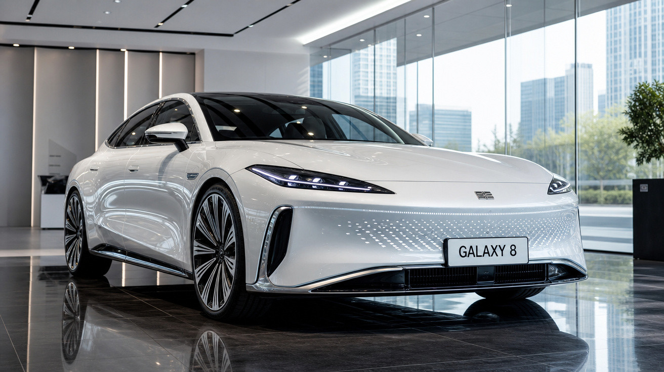 Carro elétrico branco Galaxy 8 em showroom moderno com iluminação natural e piso refletivo.
