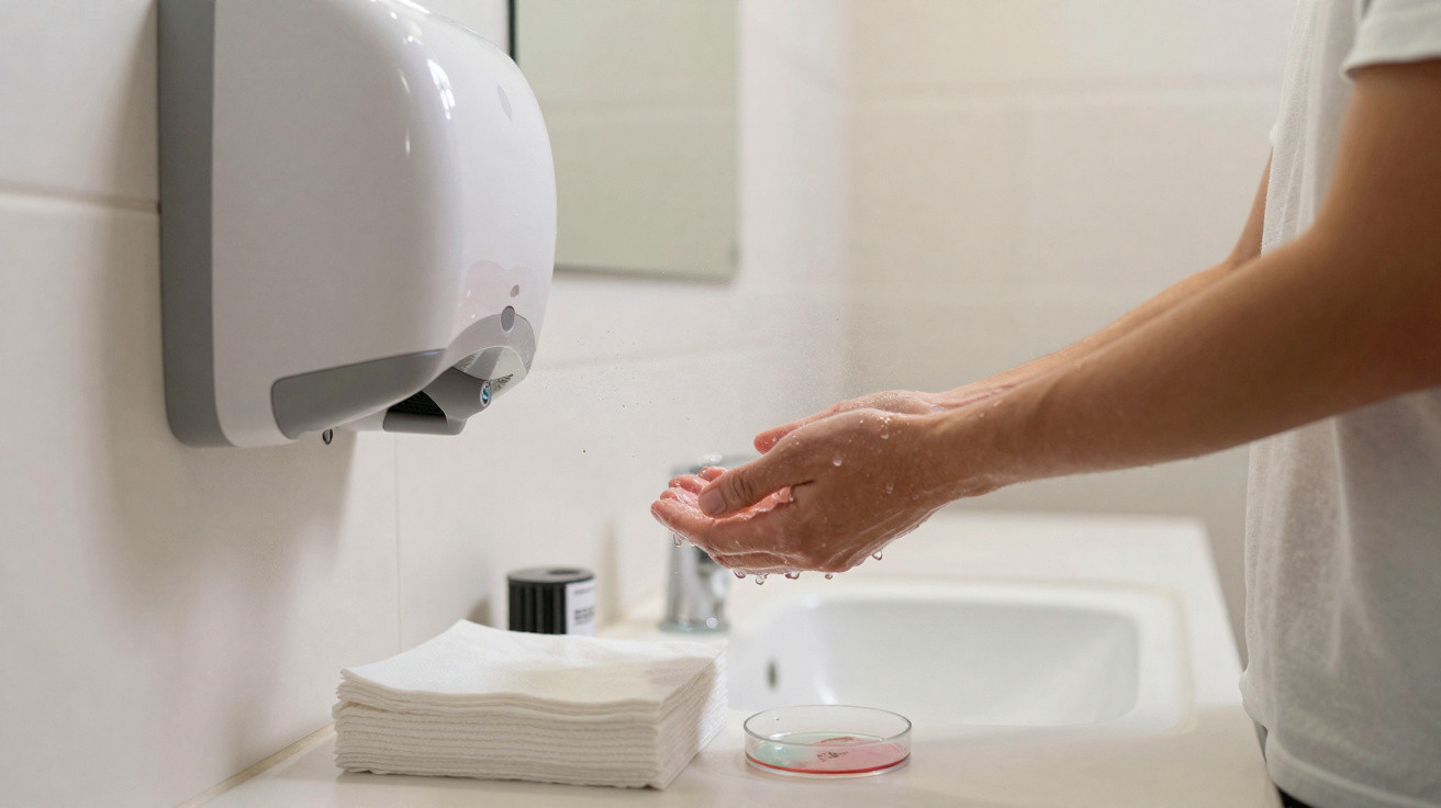 Pessoa secando as mãos em dispenser automático ao lado de pia e papel toalha em banheiro branco.