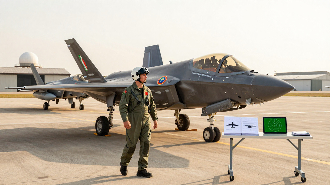 Piloto militar em uniforme caminha próximo a caça furtivo cinza em pista de aeroporto durante dia ensolarado.