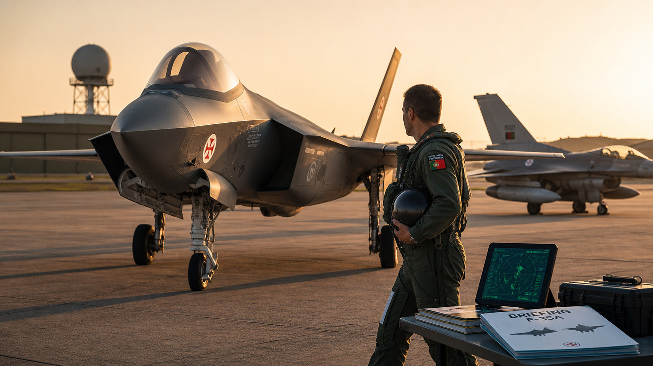 Piloto com uniforme militar observa caça F-35 em pista de aeroporto ao pôr do sol, com material de briefing na mesa.