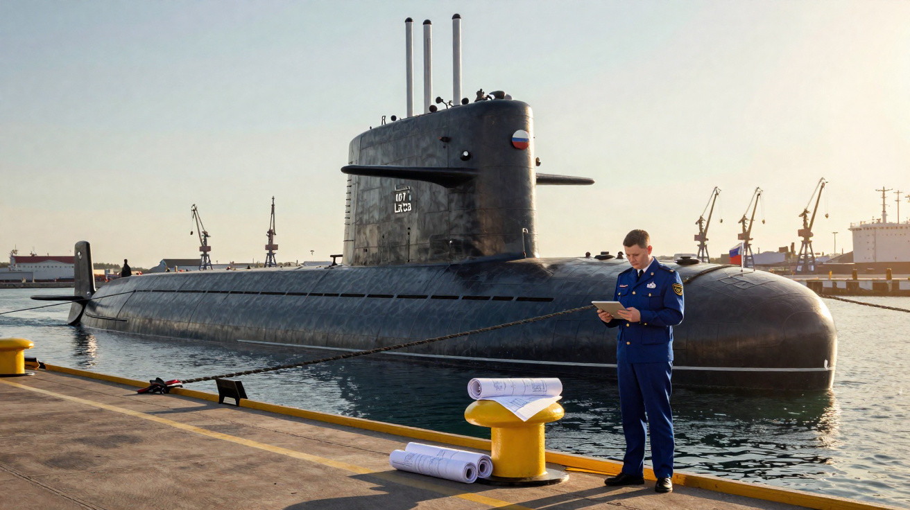 Submarino russo ancorado em porto com militar conferindo documentos ao lado durante o dia.