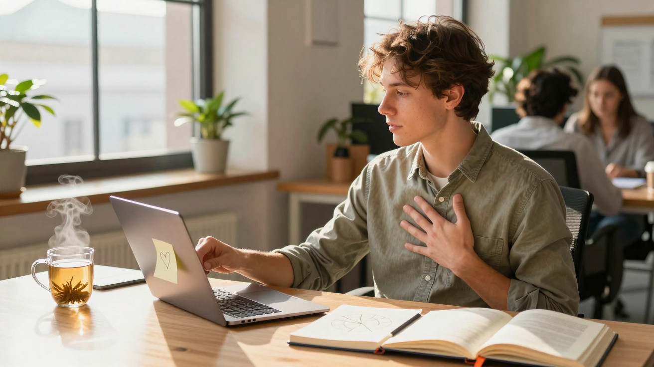 Jovem sentado em mesa com laptop, caderno aberto e xícara de chá quente em ambiente de escritório.