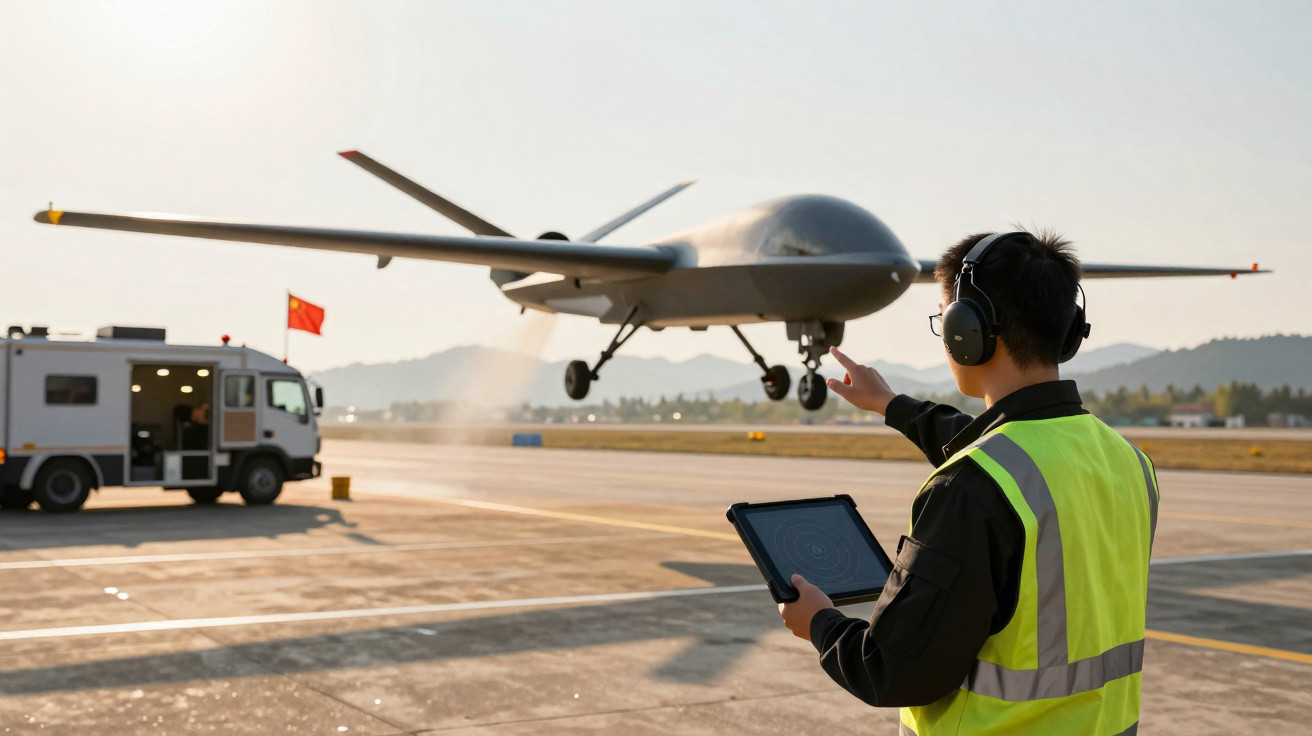Técnico com colete refletivo controla decolagem de drone militar em pista de aeroporto ao pôr do sol.