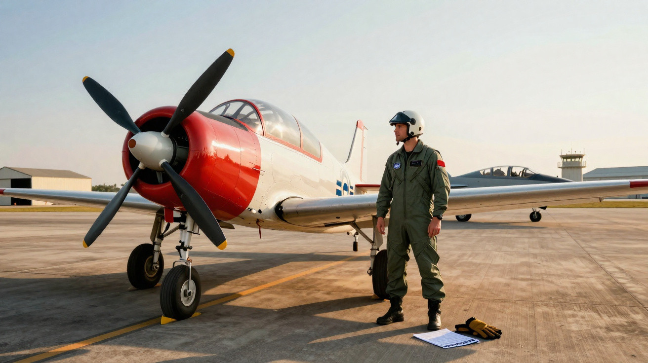 Piloto militar em uniforme verde e capacete branco ao lado de avião de hélice vermelho e branco no pátio do aeroporto.