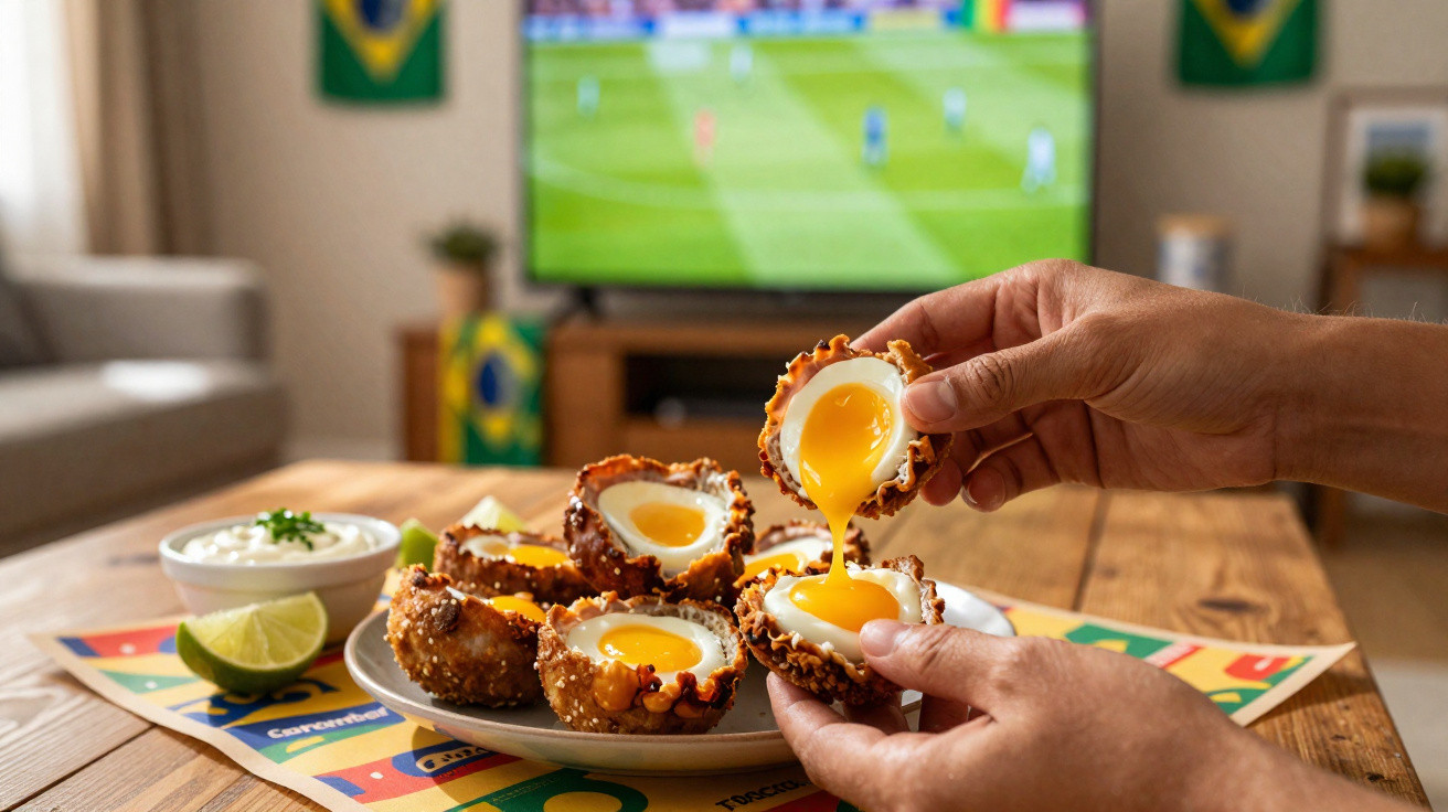 Mãos partindo ovo frito crocante recheado, prato com mais ovos e TV mostrando jogo de futebol ao fundo.