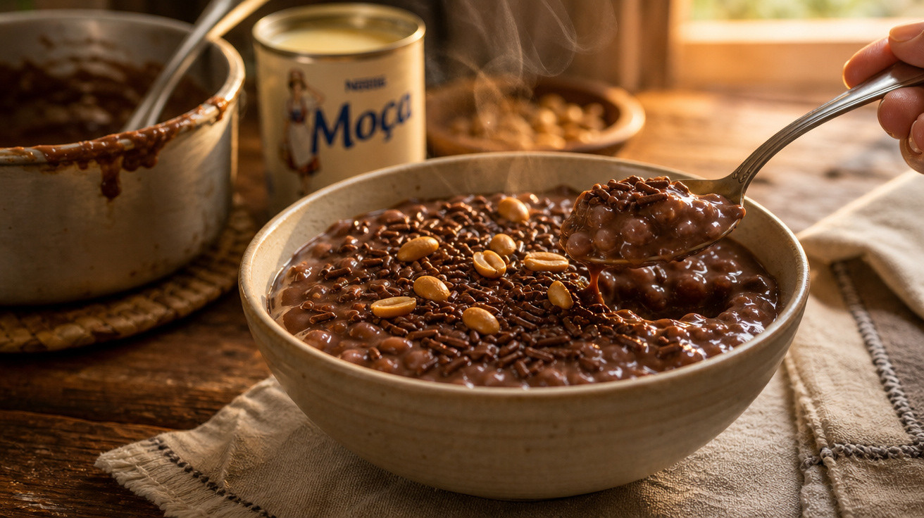 Sopa de chocolate com granulados e amendoins em tigela, com lata de leite condensado ao fundo.