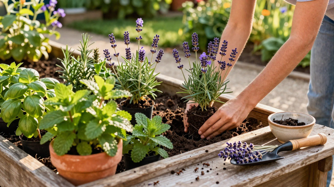 Pessoa transplantando plantas de lavanda em canteiro de madeira em jardim ensolarado.