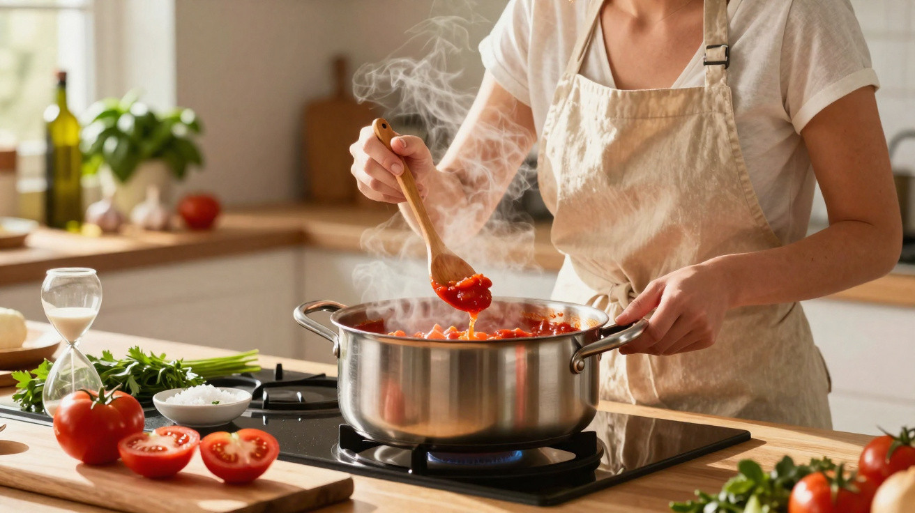 Pessoa mexendo molho de tomate em panela no fogão em cozinha iluminada e equipada.