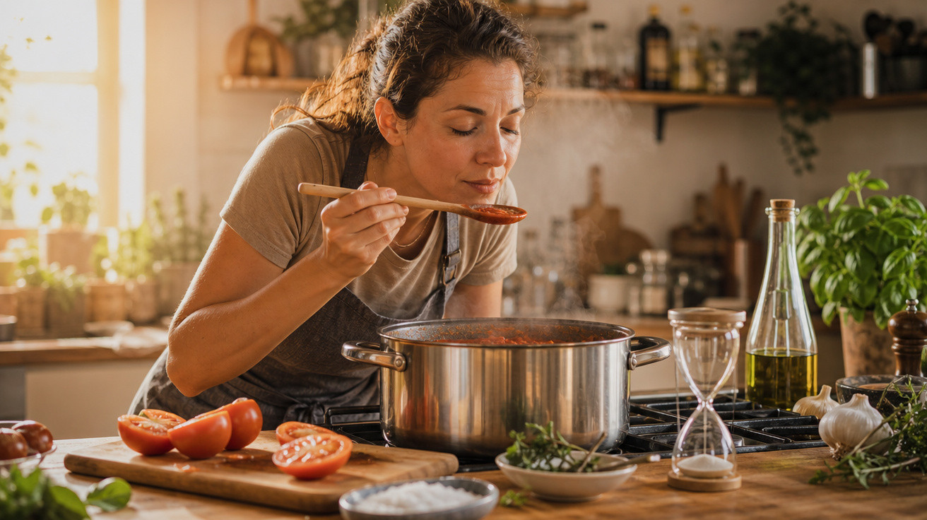 Mulher cheirando molho quente em concha de madeira na cozinha com ingredientes frescos ao redor.