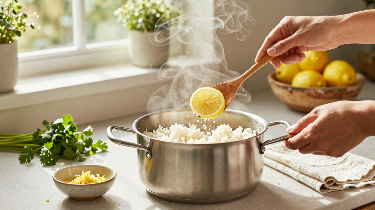 Mãos espremendo limão sobre arroz quente em panela na cozinha iluminada por luz natural.