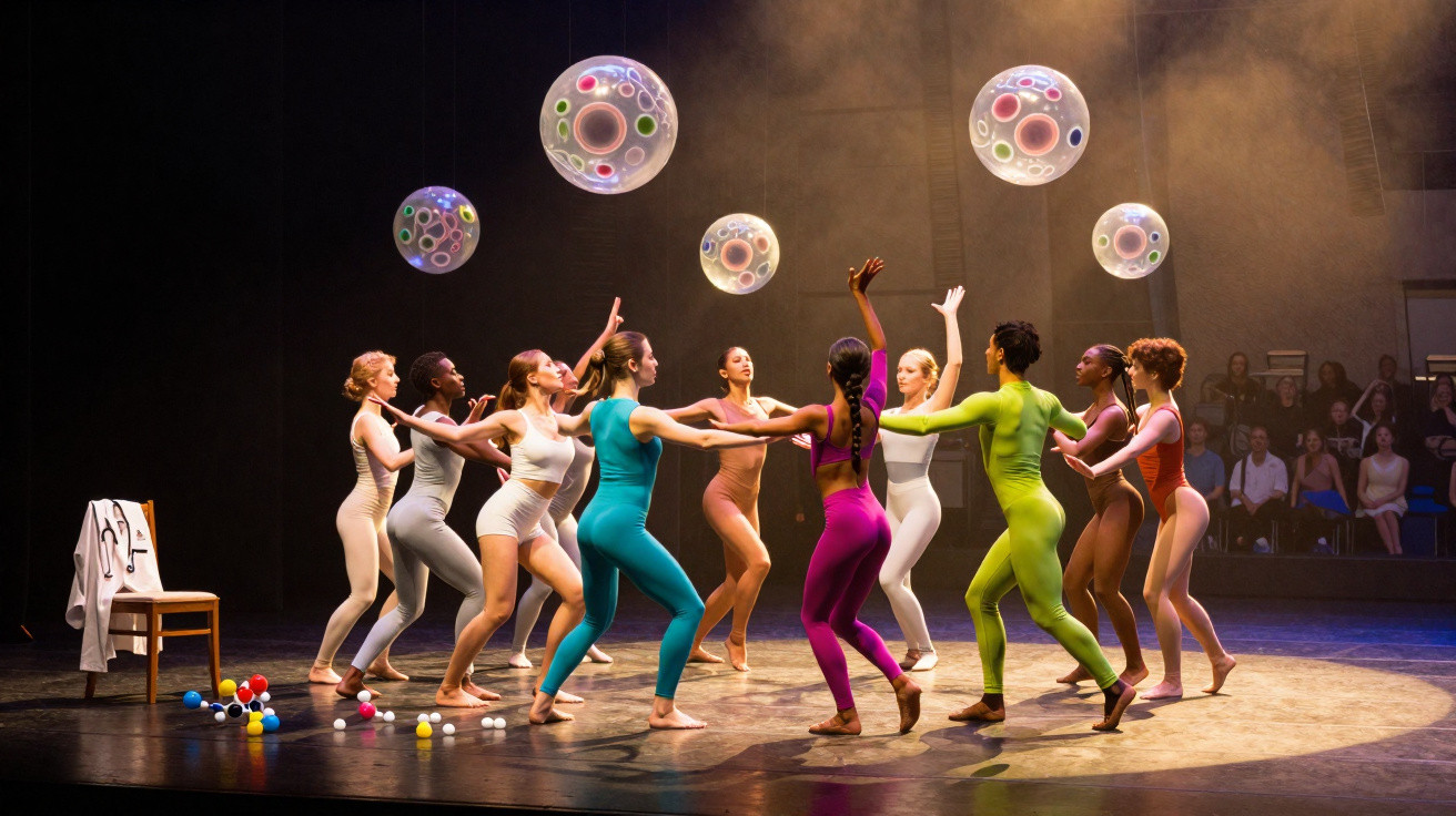 Grupo de bailarinos em roupas coloridas em círculo no palco com bolas decorativas suspensas e público ao fundo.