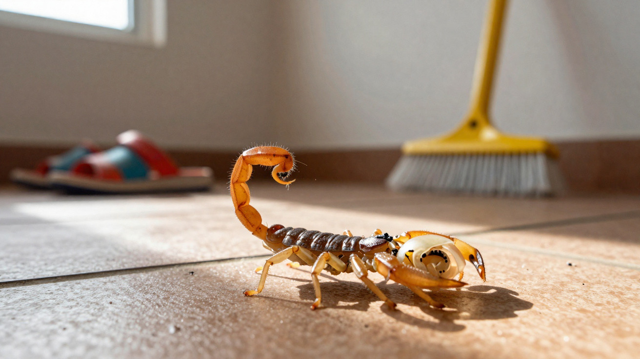 Escorpião amarelo em chão de cerâmica com sapato e vassoura ao fundo em ambiente iluminado.