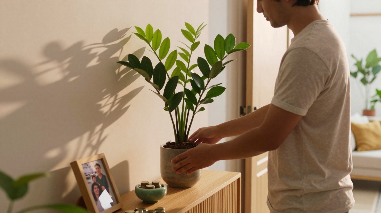 Homem colocando vaso de planta em móvel de madeira em ambiente interno com luz natural.