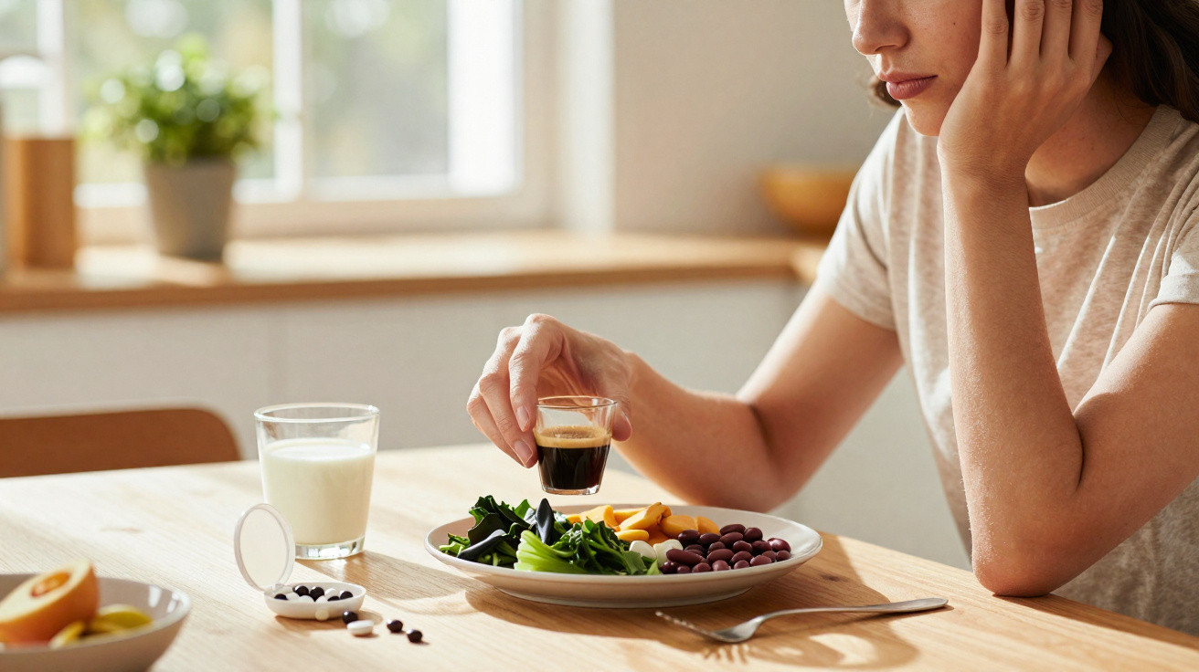 Pessoa sentada à mesa segurando copo com líquido escuro e prato com vegetais e feijão sobre a mesa.