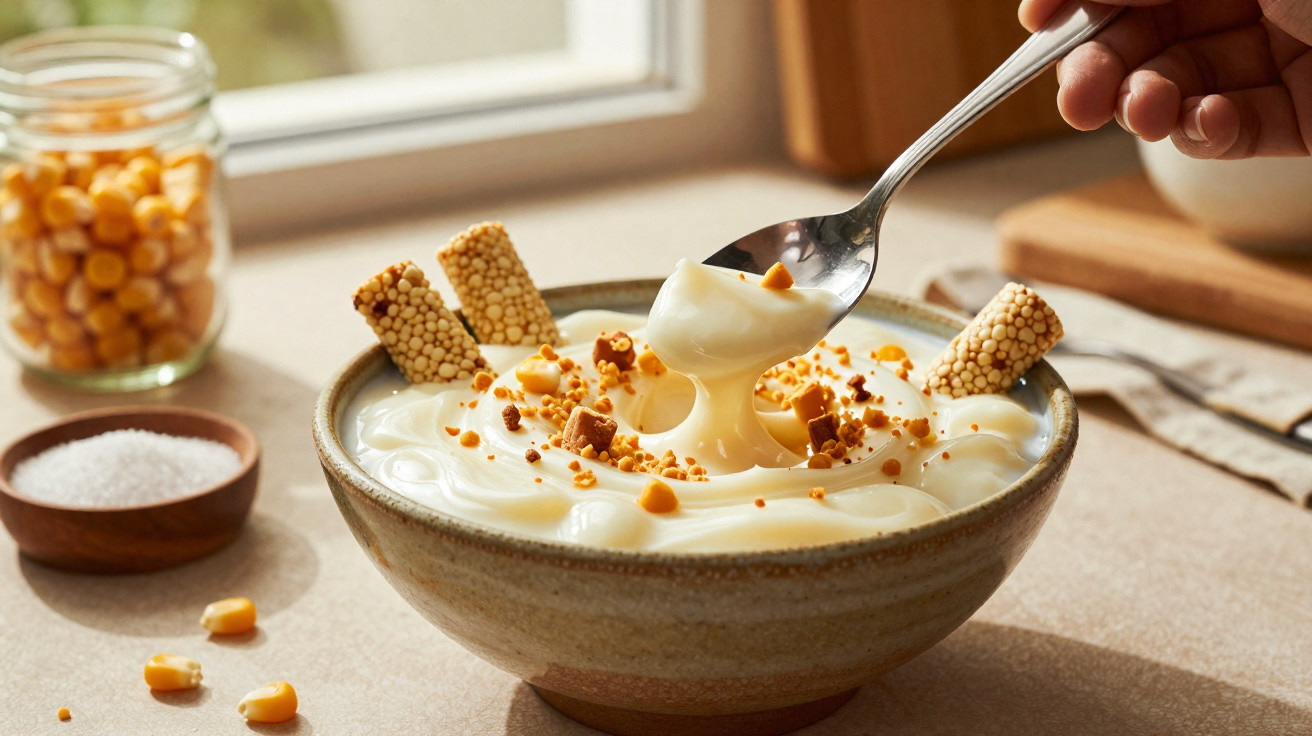 Tigela com creme branco, decorada com barras e granulado dourado, com colher pegando o creme.